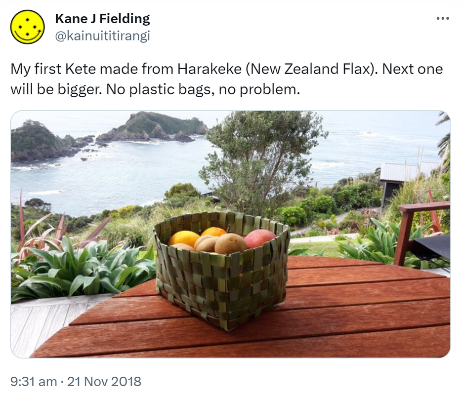 My first Kete made from Harakeke (New Zealand Flax). Next one will be bigger. No plastic bags, no problem. 9:31 am · 21 Nov 2018.