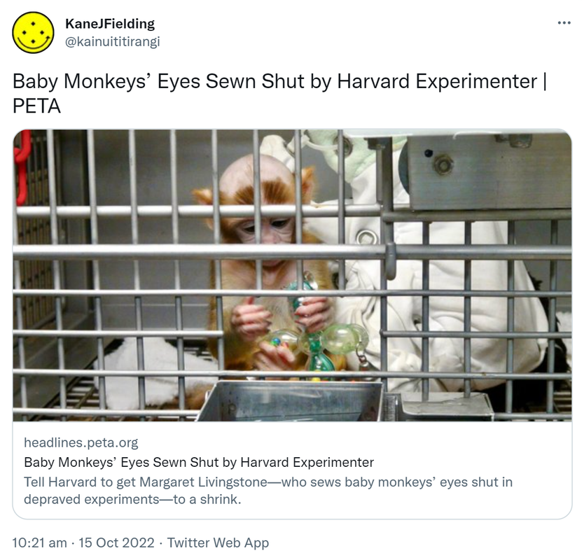 Baby Monkeys’ Eyes Sewn Shut by Harvard Experimenter - PETA. Headlines.peta.org. Tell Harvard to get Margaret Livingstone who sews baby monkeys’ eyes shut in depraved experiments to a shrink. 10:21 am · 15 Oct 2022.