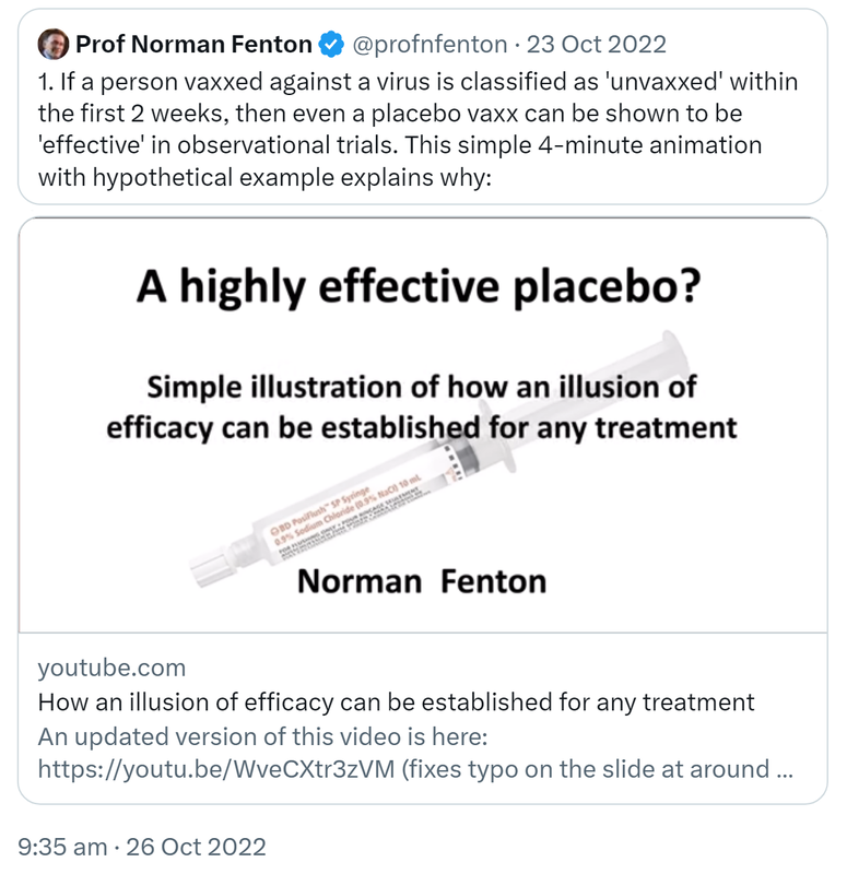 Quote Tweet. Prof Norman Fenton @profnfenton. If a person vaxxed against a virus is classified as 'unvaxxed' within the first 2 weeks then even a placebo vaxx can be shown to be 'effective' in observational trials. This simple 4 minute animation with hypothetical examples explains why. Youtube.com. How an illusion of efficacy can be established for any treatment. In determining the efficacy of a medical intervention (such as a drug or vaccine) to stop a particular disease or virus it is typical to assume that the 'treated'. For example, a person vaccinated against a virus may be classified as 'unvaccinated' until 2 weeks after getting the vaccination. This simple animation with a hypothetical example shows that, with such a classification, a placebo (i.e. no effect) vaccination can be shown to be highly effective. 9:35 am · 26 Oct 2022.