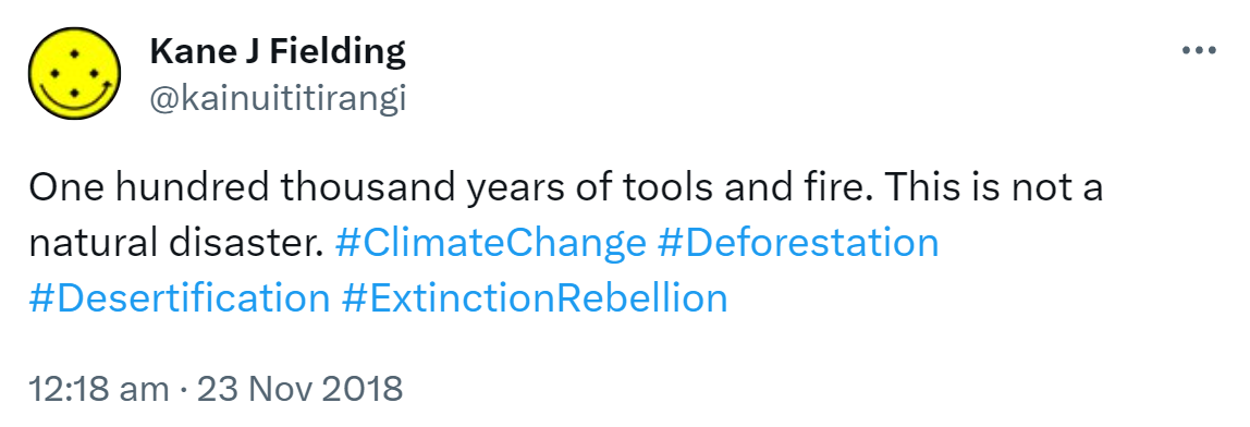 One hundred thousand years of tools and fire. This is not a natural disaster. Hashtag Climate Change. Hashtag Deforestation. Hashtag Desertification. Hashtag Extinction Rebellion. 12:18 am · 23 Nov 2018.