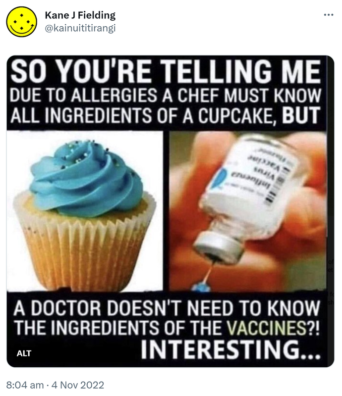 So you're telling me due to allergies a chef must know all ingredients of a cupcake, but a doctor doesn't need to know the ingredients of the vaccine? Interesting. 8:04 am · 4 Nov 2022.