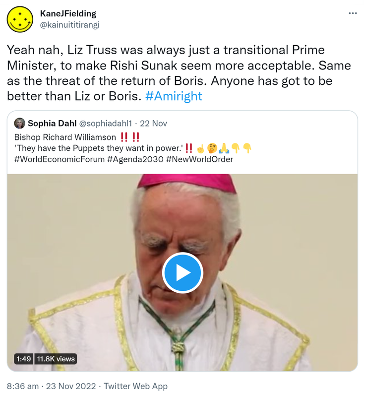 Yeah nah, Liz Truss was always just a transitional Prime Minister, to make Rishi Sunak seem more acceptable. Same as the threat of the return of Boris. Anyone has got to be better than Liz or Boris. Hashtag Amiright. Quote Tweet. Sophia Dahl @sophiadahl1. Bishop Richard Williamson. 'They have the Puppets they want in power.’ Hashtag World Economic Forum Hashtag Agenda 2030 Hashtag New World Order. 8:36 am · 23 Nov 2022.