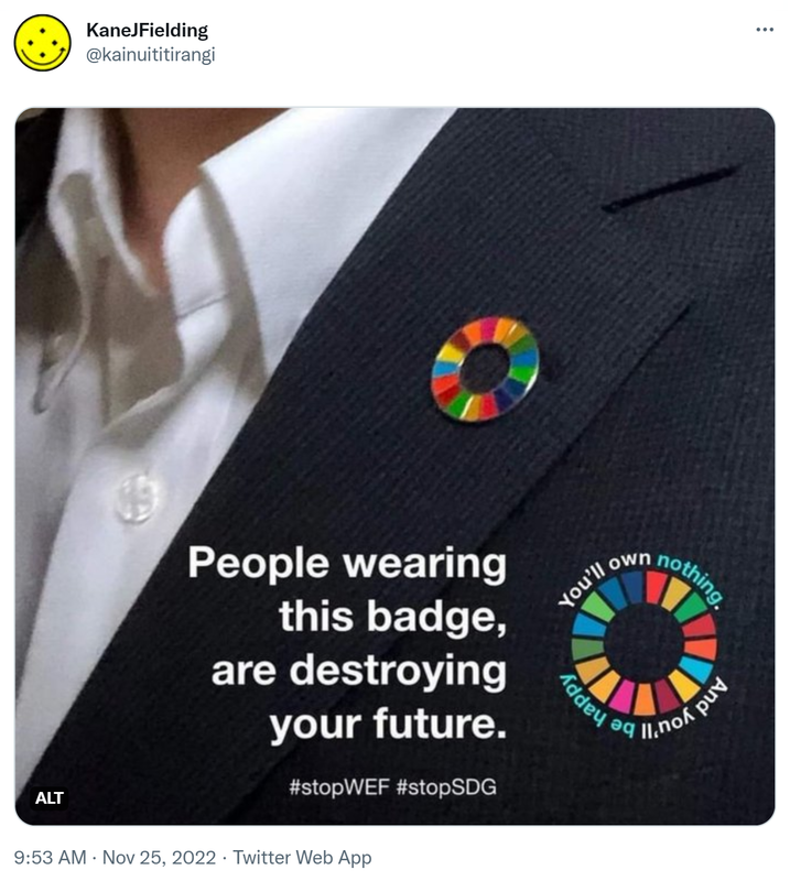 People wearing this badge are destroying your future. Hashtag stop WEF hashtag stop SDG. 9:53 am · 25 Nov 2022.