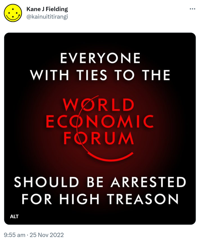 Everyone with ties to the World Economic Forum should be arrested for high treason. 9:55 am · 25 Nov 2022.
