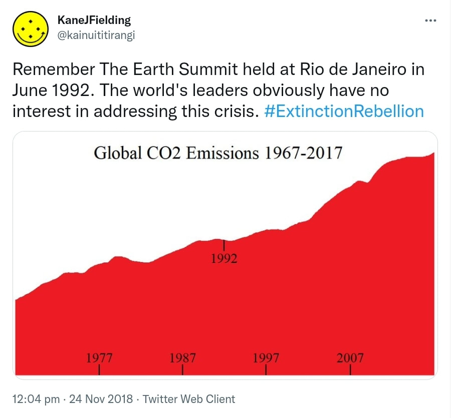 Remember The Earth Summit held at Rio de Janeiro in June 1992. The world's leaders obviously have no interest in addressing this crisis. Hashtag Extinction Rebellion. 12:04 pm · 24 Nov 2018.