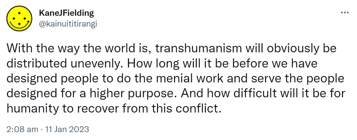 With the way the world is, transhumanism will obviously be distributed unevenly. How long will it be before we have designed people to do the menial work and serve the people designed for a higher purpose. And how difficult will it be for humanity to recover from this conflict. 2:08 am · 11 Jan 2023.