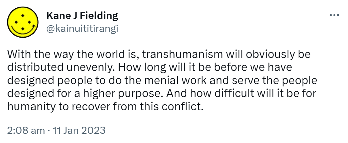 With the way the world is, transhumanism will obviously be distributed unevenly. How long will it be before we have designed people to do the menial work and serve the people designed for a higher purpose. And how difficult will it be for humanity to recover from this conflict. 2:08 am · 11 Jan 2023.