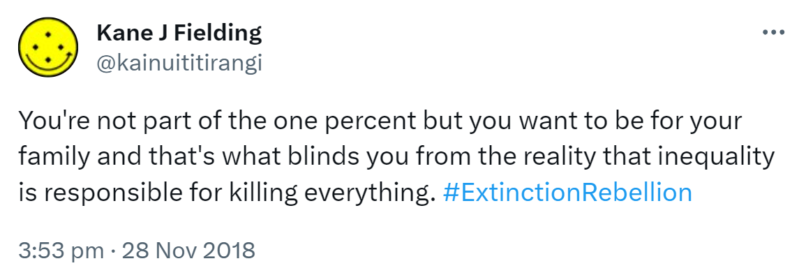 You're not part of the one percent but you want to be for your family and that's what blinds you from the reality that inequality is responsible for killing everything. Hashtag Extinction Rebellion. 3:53 pm · 28 Nov 2018.