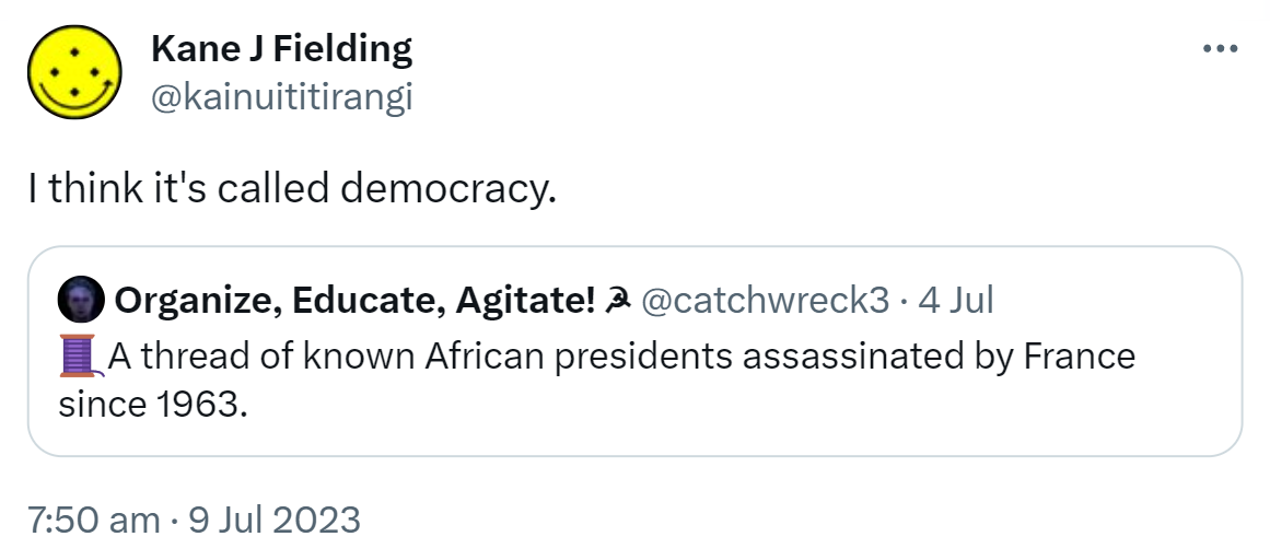 I think it's called democracy. Quote Tweet. Organize, Educate, Agitate! @catchwreck3. A thread of known African presidents assassinated by France  since 1963. 7:50 am · 9 Jul 2023.