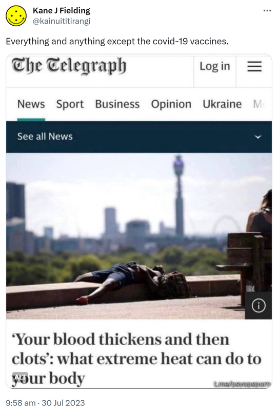 Everything and anything except the covid-19 vaccines. The Telegraph. Your blood thickens and then clots. What extreme heat can do to your body. 9:58 am · 30 Jul 2023.
