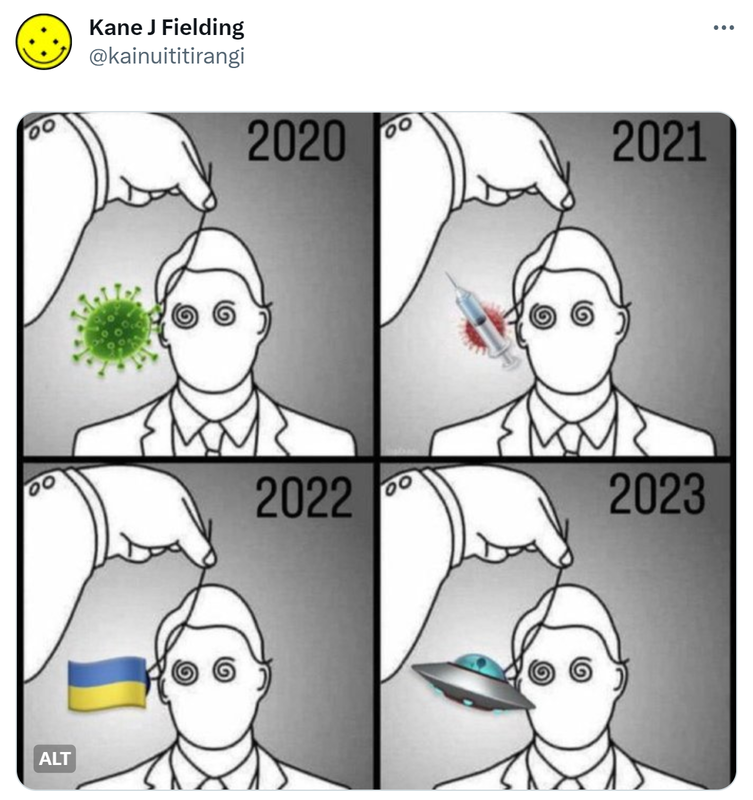 2020 CoronaVirus. 2021 The Vaccine. 2022 Ukraine. 2023 UFO's.