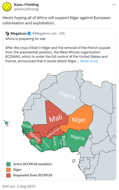 Here's hoping all of Africa will support Niger against European colonisation and exploitation. Quote Tweet. Megatron @Megatron_ron. Africa is preparing for war. After the coup d'état in Niger and the removal of the French puppet from the presidential position, the West African organisation ECOWAS, which is under the full control of the United States and France, announced that it would attack Niger. 8:41 am · 2 Aug 2023.