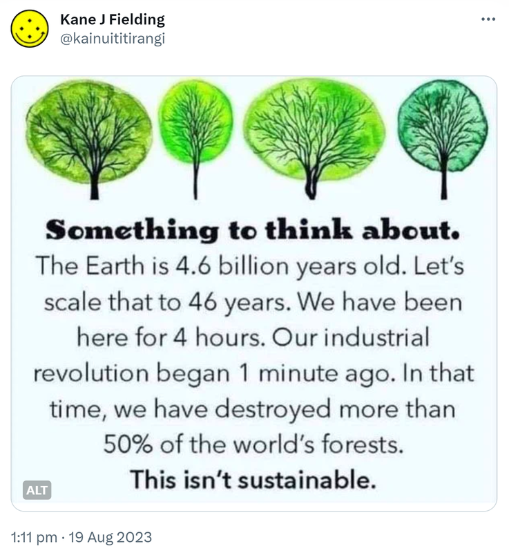 Something to think about. The Earth is 4.6 billion years old. Let's scale that to 46 years. We have been here for 4 hours. Our industrial revolution began 1 minute ago. In that time, we have destroyed more than 50% of the world's forests. This is not sustainable. 1:11 pm · 19 Aug 2023.