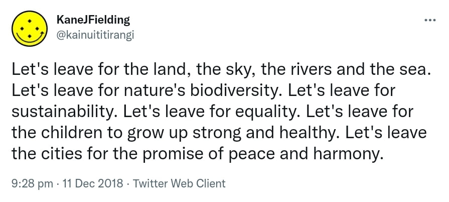 Let's leave for the land, the sky, the rivers and the sea. Let's leave for nature's biodiversity. Let's leave for sustainability. Let's leave for equality. Let's leave for the children to grow up strong and healthy. Let's leave the cities for the promise of peace and harmony. 9:28 pm · 11 Dec 2018.