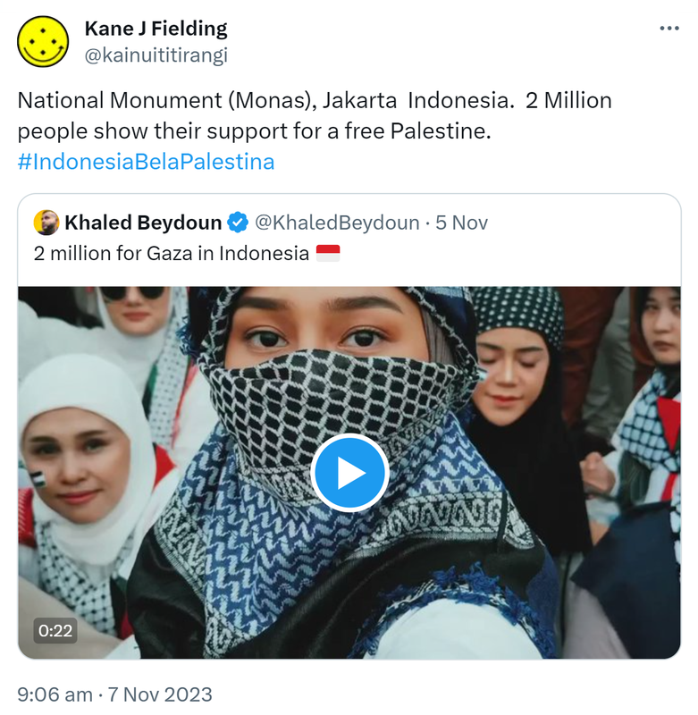 National Monument (Monas), Jakarta  Indonesia. 2 Million people show their support for a free Palestine. Hashtag Indonesia Bela Palestina. Quote. Khaled Beydoun @KhaledBeydoun. 2 million for Gaza in Indonesia. 9:06 am · 7 Nov 2023.