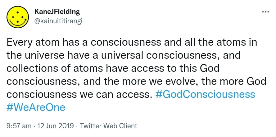Every atom has a consciousness and all the atoms in the universe have a universal consciousness, and collections of atoms have access to this God consciousness, and the more we evolve, the more God consciousness we can access. Hashtag God Consciousness. Hashtag We Are One. 9:57 am · 12 Jun 2019.