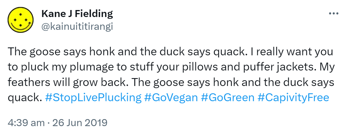 The goose says honk and the duck says quack. I really want you to pluck my plumage to stuff your pillows and puffer jackets. My feathers will grow back. The goose says honk and the duck says quack. Hashtag Stop Live Plucking Hashtag Go Vegan Hashtag Go Green Hashtag Captivity Free. 4:39 am · 26 Jun 2019.
