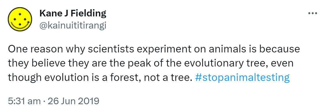 One reason why scientists experiment on animals is because they believe they are the peak of the evolutionary tree, even though evolution is a forest, not a tree. Hashtag stop animal testing. 5:31 am · 26 Jun 2019.