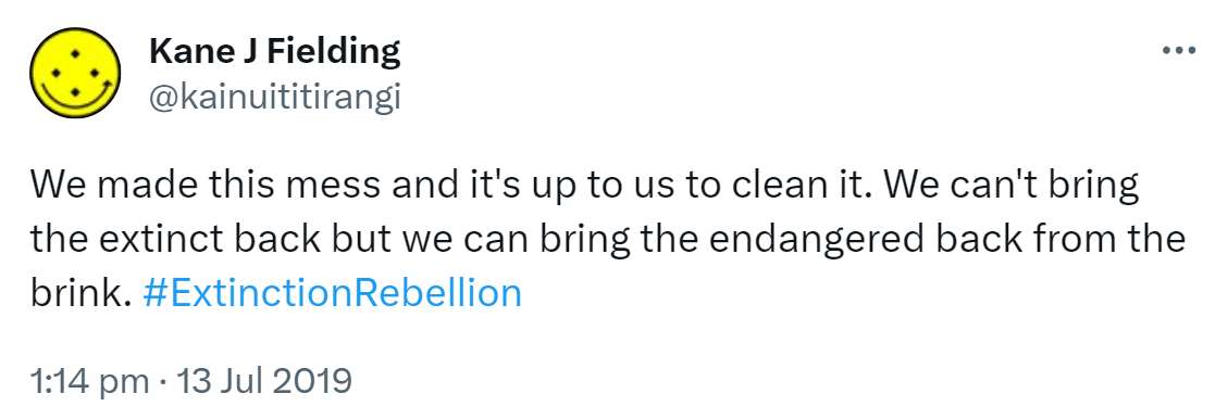We made this mess and it's up to us to clean it. We can't bring the extinct back but we can bring the endangered back from the brink. Hashtag Extinction Rebellion. 1:14 pm · 13 Jul 2019.