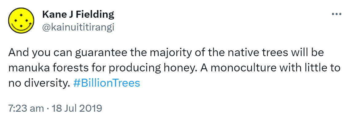 And you can guarantee the majority of the native trees will be manuka forests for producing honey. A monoculture with little to no diversity. Hashtag Billion Trees. 7:23 am · 18 Jul 2019.