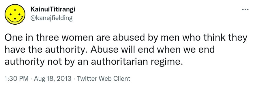 One in three women are abused by men who think they have the authority. Abuse will end when we end authority not by an authoritarian regime. 1:30 PM · Aug 18, 2013.