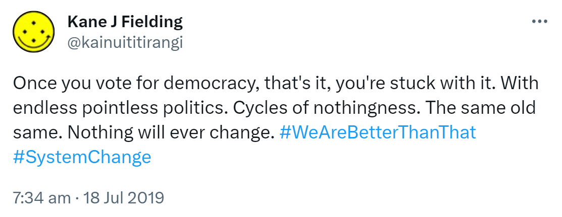 Once you vote for democracy, that's it, you're stuck with it. With endless pointless politics. Cycles of nothingness. The same old same. Nothing will ever change. Hashtag We Are Better Than That. Hashtag System Change. 7:34 am · 18 Jul 2019.