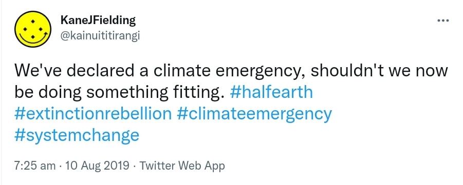 We've declared a climate emergency, shouldn't we now be doing something fitting. Hashtag Halfearth. Hashtag Extinction Rebellion. Hashtag Climate Emergency. Hashtag System Change. 7:25 am · 10 Aug 2019.