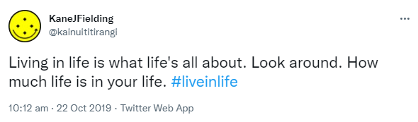 Living in life is what life's all about. Look around. How much life is in your life. Hashtag live in life. 10:12 am · 22 Oct 2019.