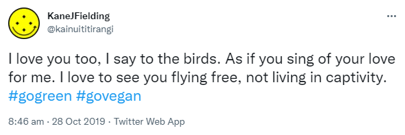 I love you too, I say to the birds. As if you sing of your love for me. I love to see you flying free, not living in captivity. Hashtag Green. Hashtag Vegan. 8:46 am · 28 Oct 2019.