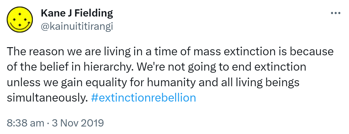 The reason we are living in a time of mass extinction is because of the belief in hierarchy. We're not going to end extinction unless we gain equality for humanity and all living beings simultaneously. Hashtag Extinction Rebellion. 8:38 am · 3 Nov 2019.