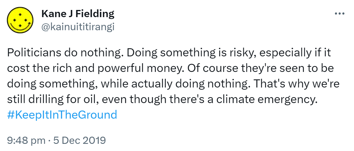 Politicians do nothing. Doing something is risky, especially if it costs the rich and powerful money. Of course they're seen to be doing something, while actually doing nothing. That's why we're still drilling for oil, even though there's a climate emergency. Hashtag Keep It In The Ground. 9:48 pm · 5 Dec 2019.