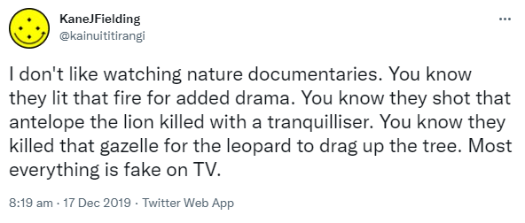 I don't like watching nature documentaries. You know they lit that fire for added drama. You know they shot that antelope the lion killed with a tranquilliser. You know they killed that gazelle for the leopard to drag up the tree. Most everything is fake on TV. 8:19 am · 17 Dec 2019.