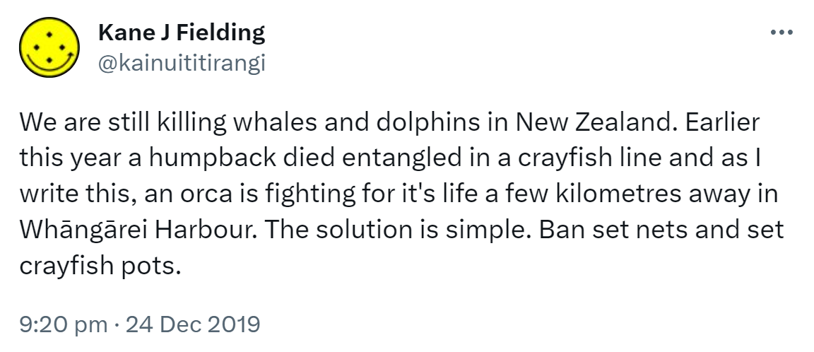 We are still killing whales and dolphins in New Zealand. Earlier this year a humpback died entangled in a crayfish line and as I write this, an orca is fighting for its life a few kilometres away in Whāngārei Harbour. The solution is simple. Ban set nets and set crayfish pots. 9:20 pm · 24 Dec 2019.