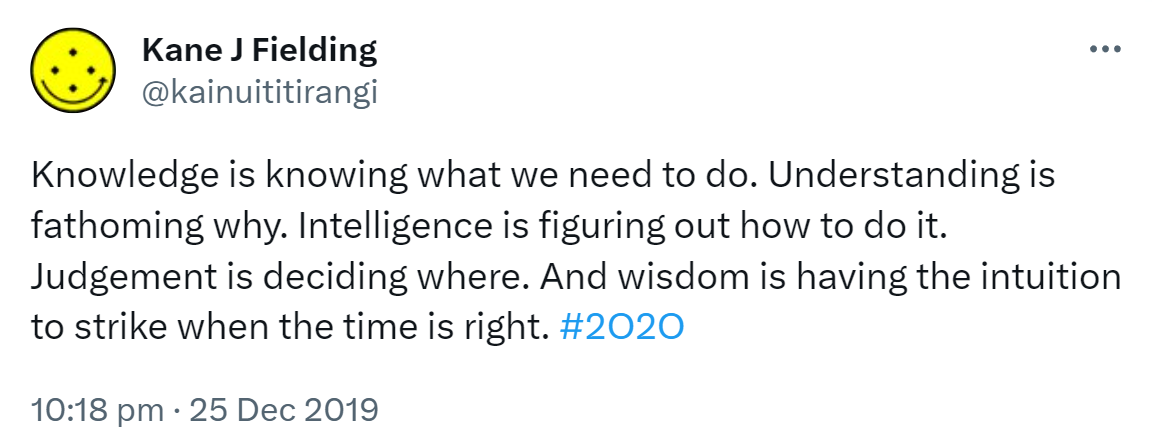 Knowledge is knowing what we need to do. Understanding is fathoming why. Intelligence is figuring out how to do it. Judgement is deciding where. And wisdom is having the intuition to strike when the time is right. Hashtag 2O2O. 10:18 pm · 25 Dec 2019.