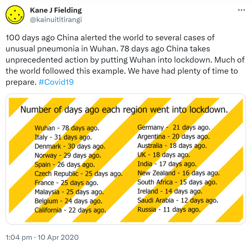 100 days ago China alerted the world to several cases of unusual pneumonia in Wuhan. 78 days ago China takes unprecedented action by putting Wuhan into lockdown. Much of the world followed this example. We have had plenty of time to prepare. Hashtag Covid 19. 1:04 pm · 10 Apr 2020.
