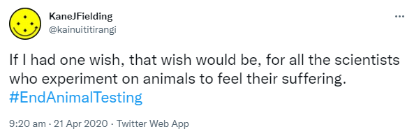 If I had one wish, that wish would be for all the scientists who experiment on animals to feel their suffering. Hashtag End Animal Testing. 9:20 am · 21 Apr 2020.