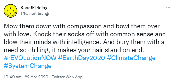Mow them down with compassion and bowl them over with love. Knock their socks off with common sense and blow their minds with intelligence. And bury them with a need so chilling, it makes your hair stand on end. Hashtag rEVOLution NOW. Hashtag Earth Day 2020. Hashtag Climate Change. Hashtag System Change. 10:40 am · 22 Apr 2020.