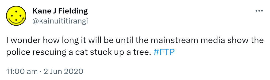I wonder how long it will be until the mainstream media show the police rescuing a cat stuck up a tree. Hashtag FTP. 11:00 am · 2 Jun 2020.