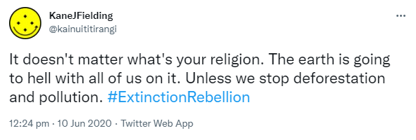 It doesn't matter what's your religion. The earth is going to hell with all of us on it. Unless we stop deforestation and pollution. Hashtag Extinction Rebellion. 12:24 pm · 10 Jun 2020.