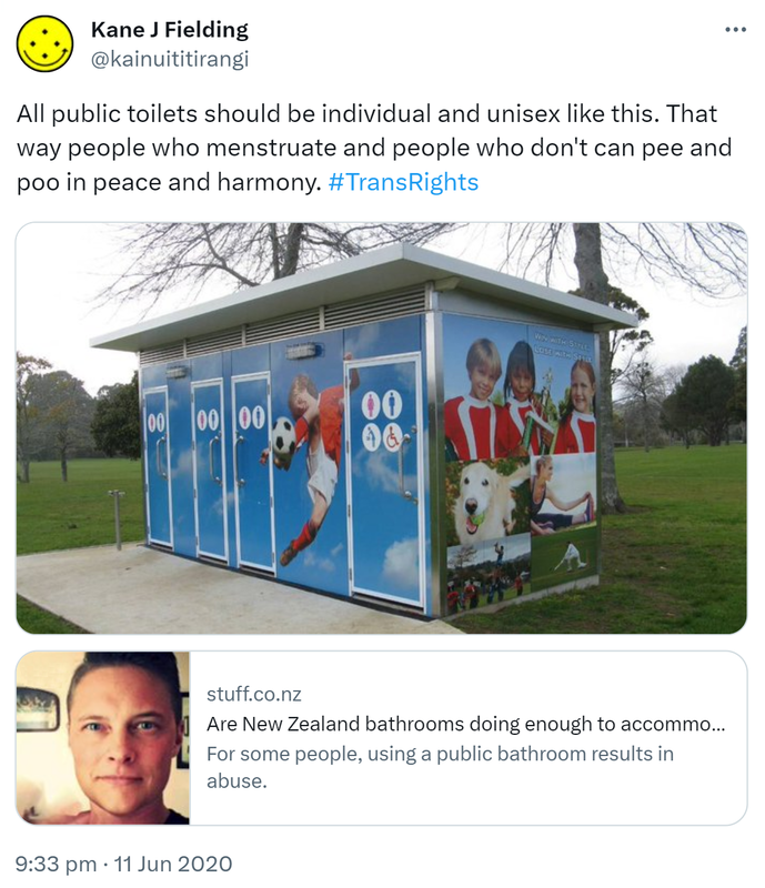 All public toilets should be individual and unisex like this. That way people who menstruate and people who don't can pee and poo in peace and harmony. Hashtag Trans Rights. Individual public toilets in a park. stuff.co.nz. 9:33 pm · 11 Jun 2020.