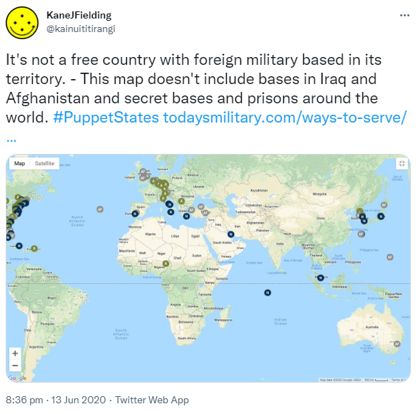 It's not a free country with foreign military based in its territory. - This map doesn't include bases in Iraq and Afghanistan and secret bases and prisons around the world. Hashtag Puppet States. todaysmilitary.com. Map of US Military bases around the world. 8:36 pm · 13 Jun 2020.