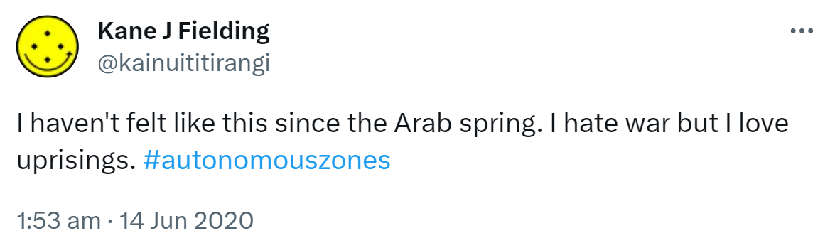 I haven't felt like this since the Arab spring. I hate war but I love uprisings. Hashtag autonomous zones. 1:53 am · 14 Jun 2020.