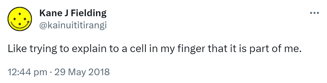 Like trying to explain to a cell in my finger that it is part of me. 12:44 pm · 29 May 2018.