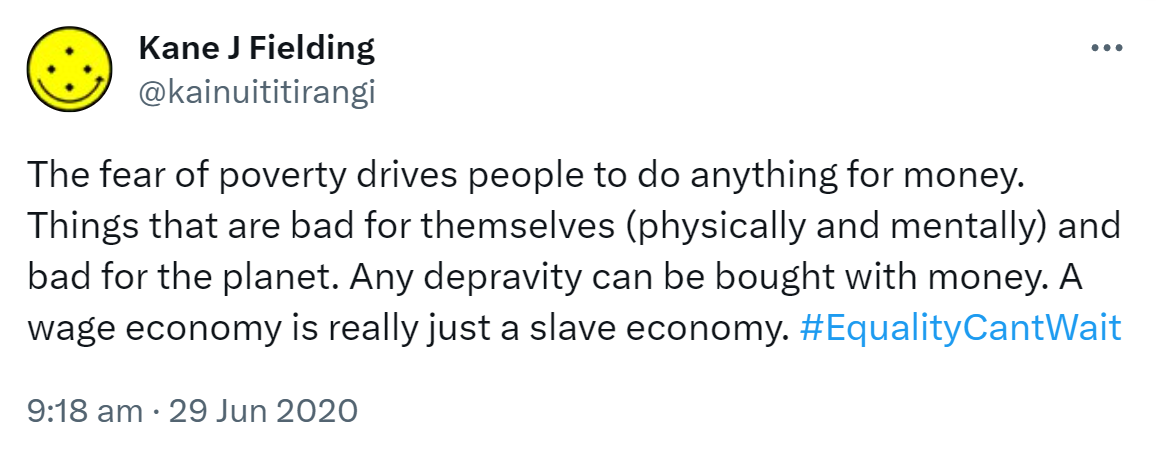 The fear of poverty drives people to do anything for money. Things that are bad for themselves (physically and mentally) and bad for the planet. Any depravity can be bought with money. A wage economy is really just a slave economy. Hashtag Equality Can't Wait. 9:18 am · 29 Jun 2020.