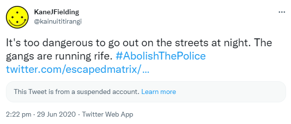 It's too dangerous to go out on the streets at night. The gangs are running rife. Hashtag Abolish The Police. This Tweet is from a suspended account. Learn more. 2:22 pm · 29 Jun 2020.