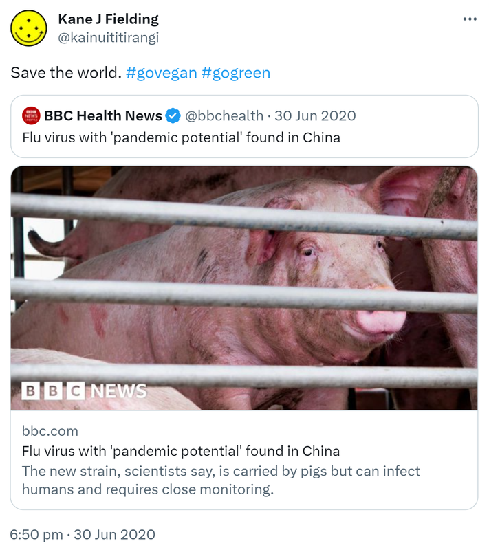 Save the world. Hashtag go vegan Hashtag go green. Quote Tweet. BBC Health News @bbchealth. Flu virus with 'pandemic potential' found in China. Bbc.in. The new strain, scientists say, is carried by pigs but can infect humans and requires close monitoring. 6:50 pm · 30 Jun 2020.