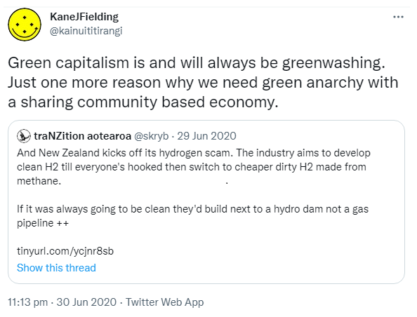 Green capitalism is and will always be greenwashing. Just one more reason why we need green anarchy with a sharing community based economy. Quote tweet traNZition Aotearoa @skryb. And New Zealand kicks off its hydrogen scam. The industry aims to develop clean H2 till everyone's hooked then switch to cheaper dirty H2 made from methane. If it was always going to be clean they'd build next to a hydro not a gas pipeline. Tinyurl.com. 11:13 pm · 30 Jun 2020.