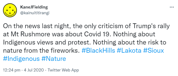 On the news last night, the only criticism of Trump's rally at Mt Rushmore was about Covid 19. Nothing about Indigenous views and protest. Nothing about the risk to nature from the fireworks. Hashtag Black Hills. Hashtag Lakota. Hashtag Sioux. Hashtag Indigenous. Hashtag Nature. 12:24 pm · 4 Jul 2020.