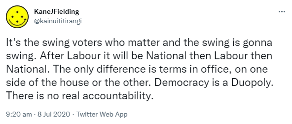 It's the swing voters who matter and the swing is gonna swing. After Labour it will be National then Labour then National. The only difference is terms in office, on one side of the house or the other. Democracy is a Duopoly. There is no real accountability. 9:20 am · 8 Jul 2020.
