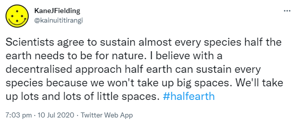 Scientists agree to sustain almost every species half the earth needs to be for nature. I believe with a decentralised approach half earth can sustain every species because we won't take up big spaces. We'll take up lots and lots of little spaces. Hashtag half earth. 7:03 pm · 10 Jul 2020.